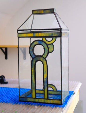 Arch and Disc Green/Blue/Amber Stained Glass Terrarium